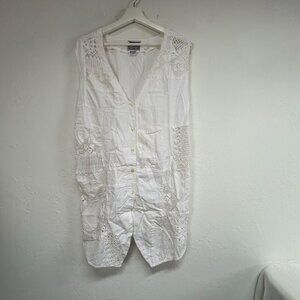 Ime In! Womens Embroidered Crochet Lace Button-Down Vest Top Medium White Cotton